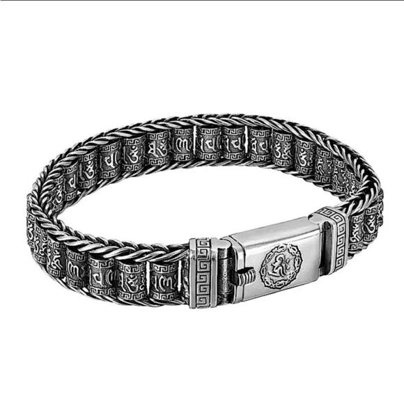 Stainless Steel Chain Link Bracelet, Mantra, Curb Hand Woven Engraved - Picture 5 of 5